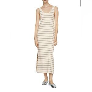 NEW Mng Mango 100% Cotton Cream And Sage Green Striped Maxi Tank Dress Side Slit